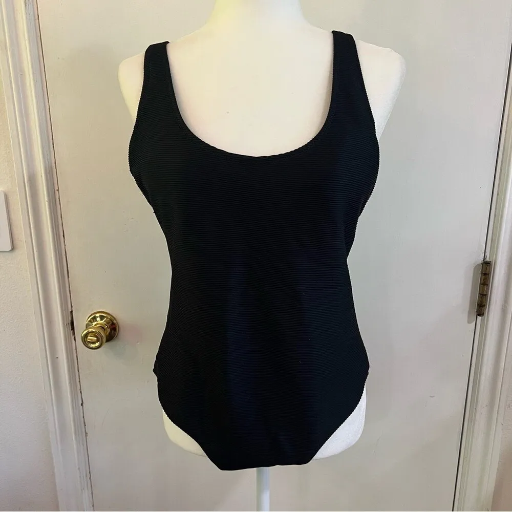 Black Scoop Back One Piece Swimsuit Large Retro Minimalist Classic Swimwear - Image 4