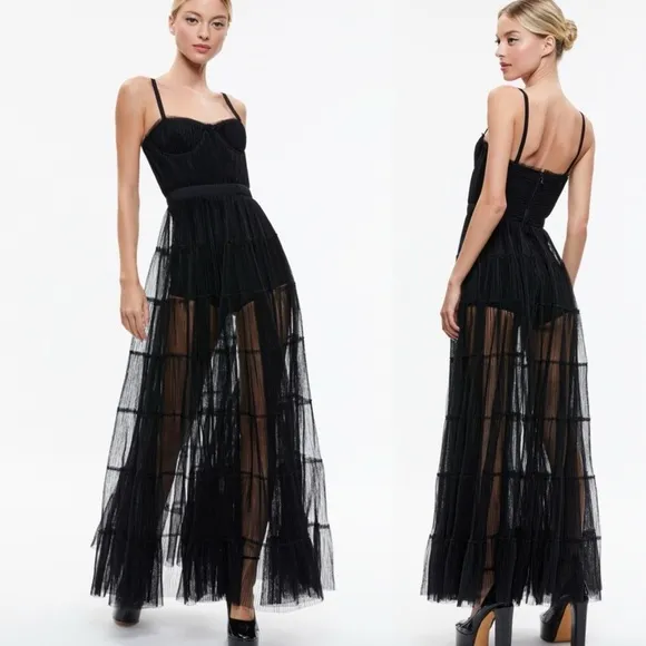 NWT Alice + Olivia Deena Pleated Maxi Dress with Hot Pants‎ Size 2 Black - Image 2