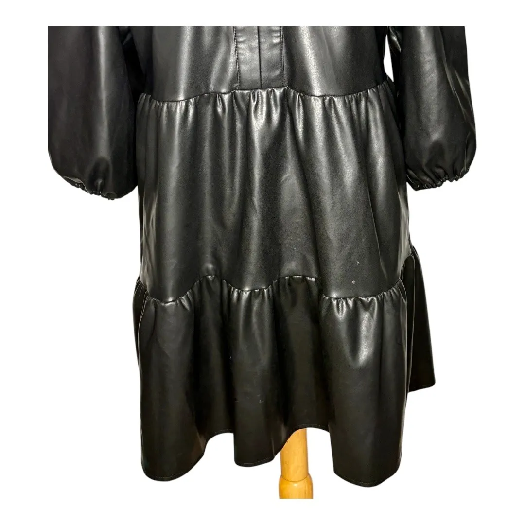 Crown & Ivy Vegan Leather Tiered Mini Dress 3/4 Puff Sleeve Black‎ Size Large - Image 4
