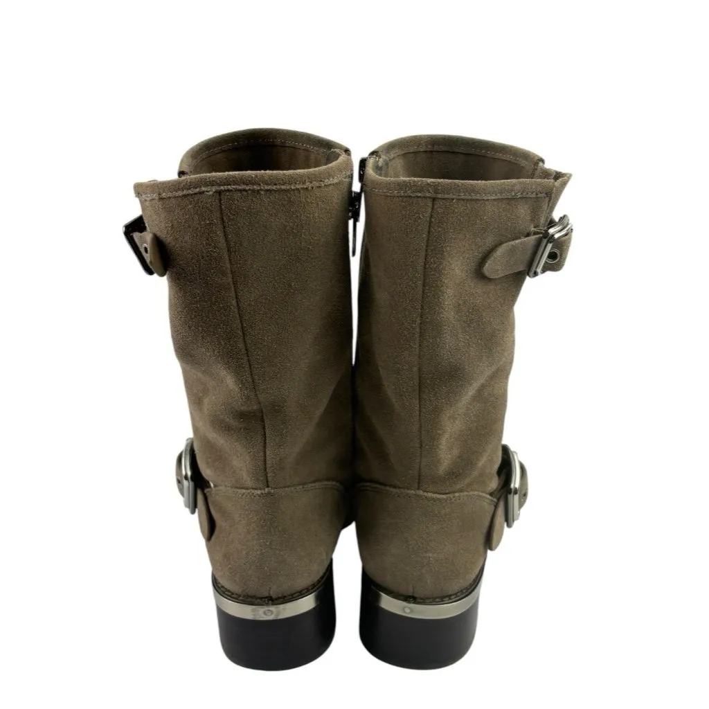*Vince Camuto Windy Boots Womens Sz 7 Taupe Suede Leather Moto Mid Calf Pull On - Image 4