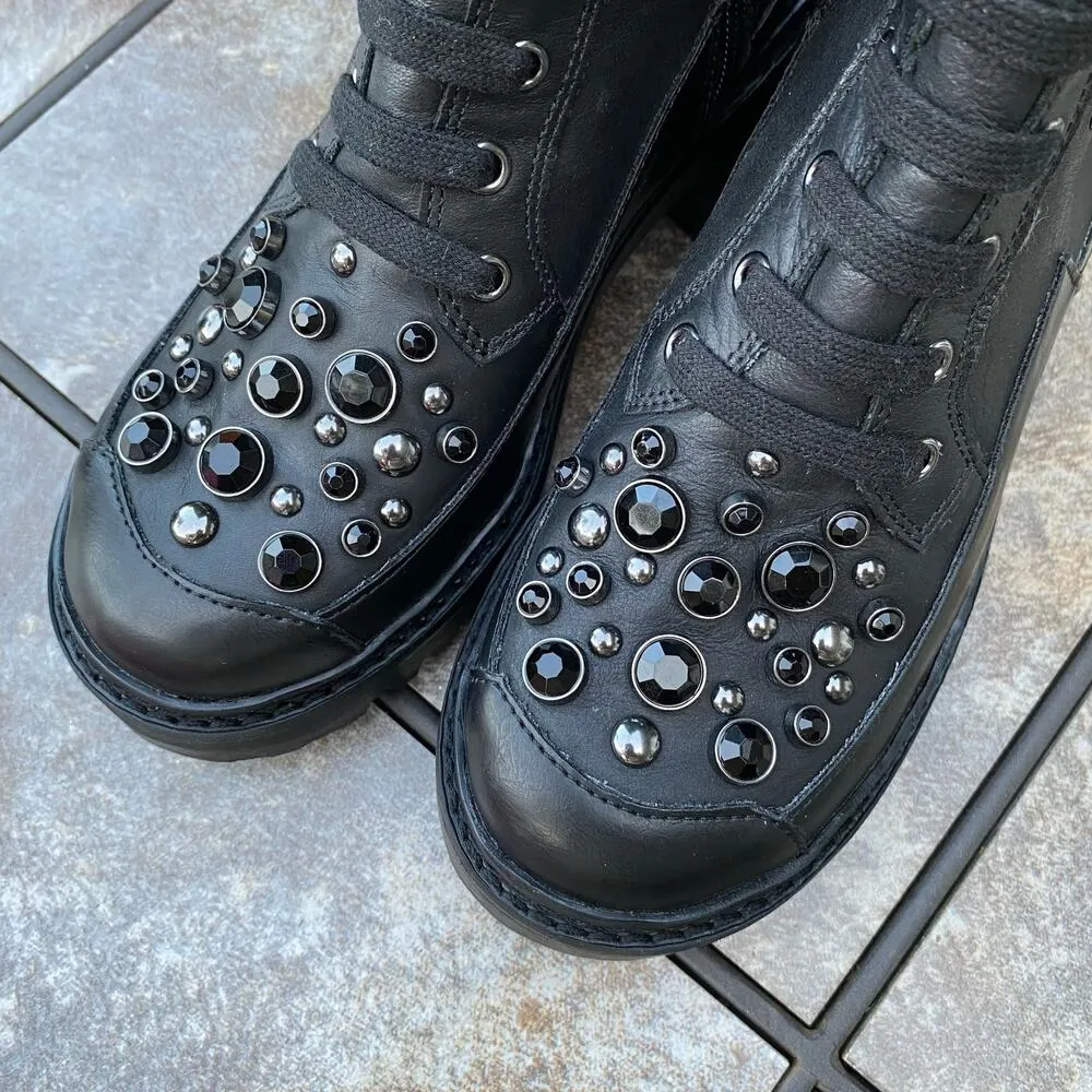 New KARL LAGERFELD PARIS Black Breck Studded Leather Moto Combat Boot Size 6 - Image 11