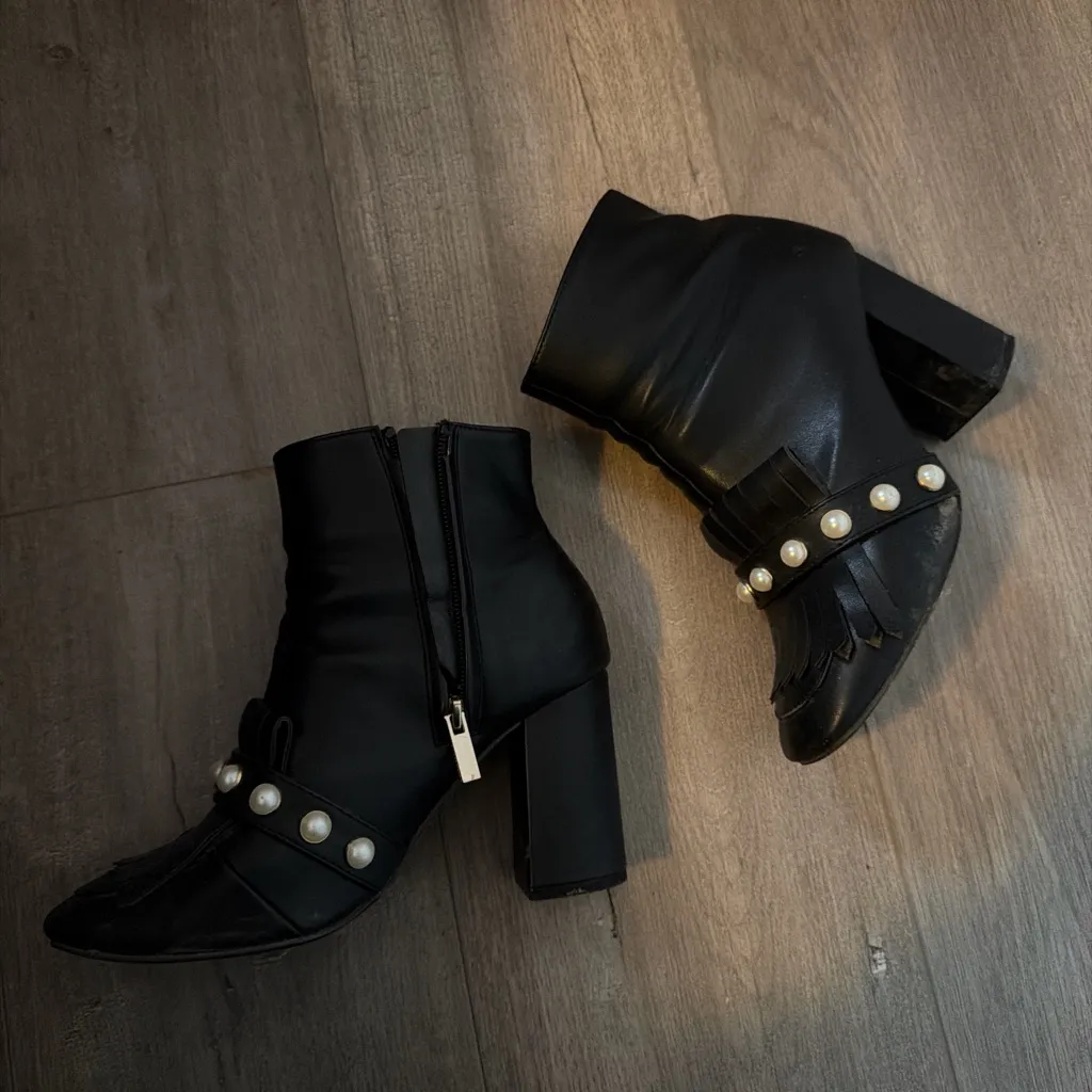Primark Black Ankle Boots with Fringe and Pearl Details size 4UK or 6-6.5US - Image 3
