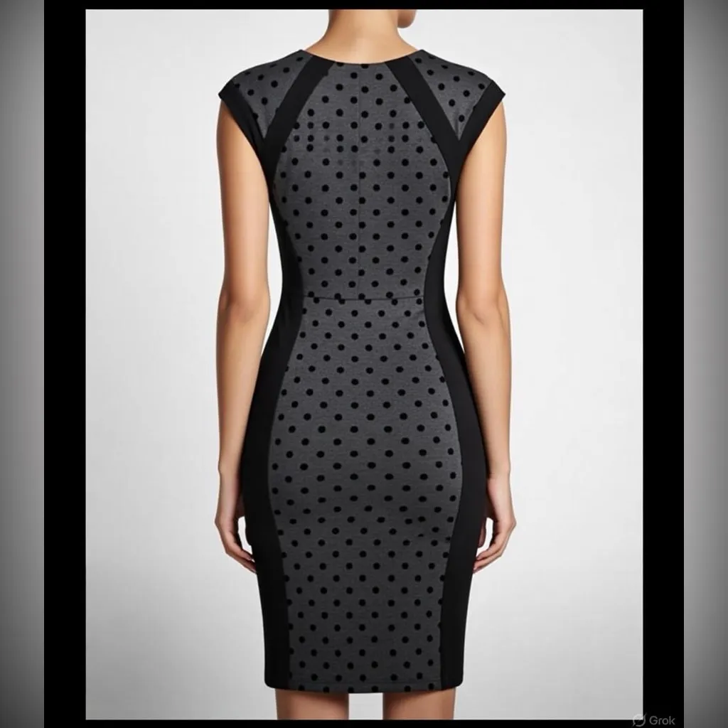 Womens Sleeveless Polka Dot Sheath Dress Black Grey Zip Neck Career - Image 5
