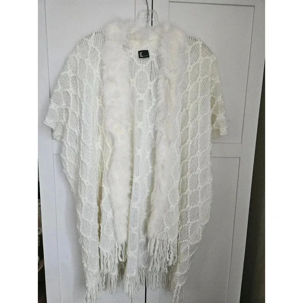 $174 Love Token Ivory‎ Knit Tiffany Duster Cardigan Rabbit fur trimming - Image 2