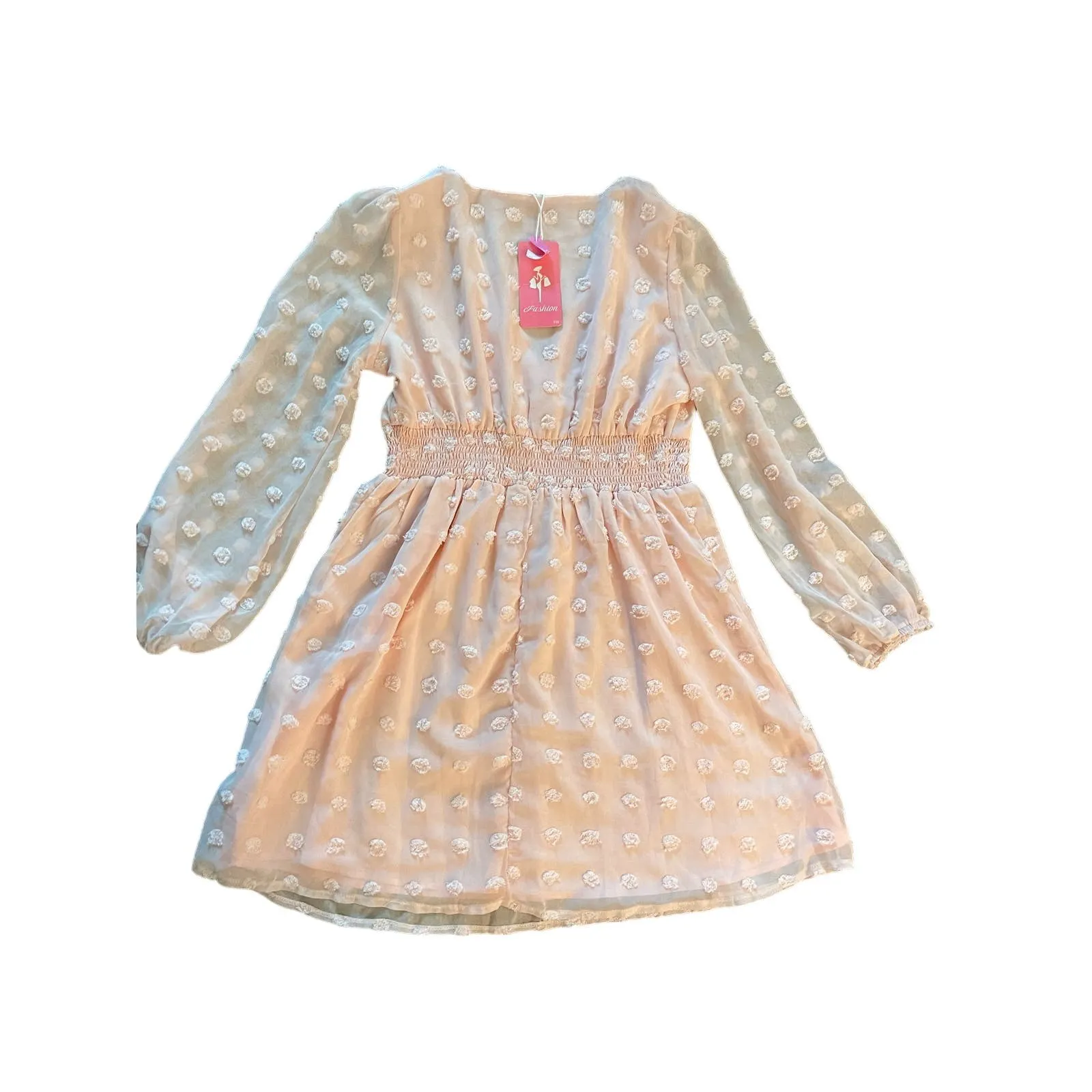 Pastel Pink Smocked Waist Pom Pom Long Sleeve Dress‎ Size Large - Image 3