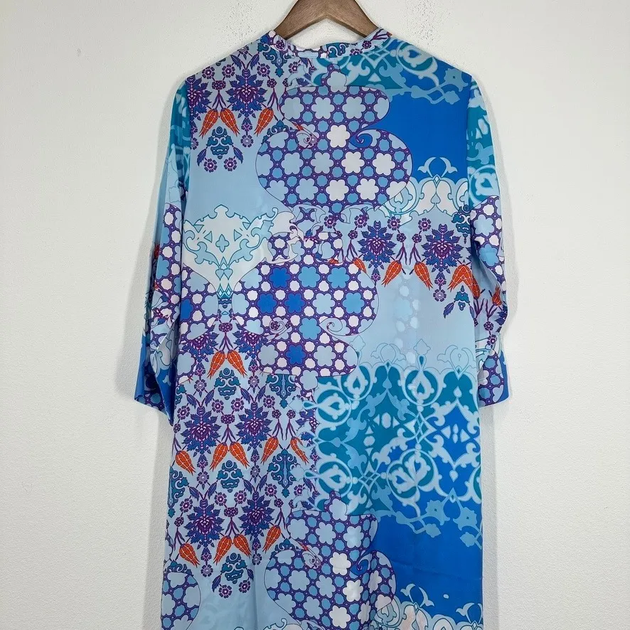 Natori Blue Floral Print Maxi Dress Size M V-Neck 3/4 Sleeve Resort‎ Wear Flowy - Image 13
