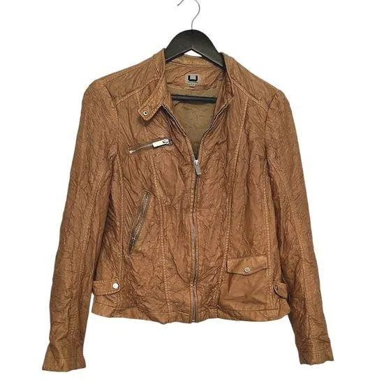 Adolfo Dominguez Crinkled Leather Jacket Moto in Cognac Tan Vintage EU40 / US 8 - Image 1