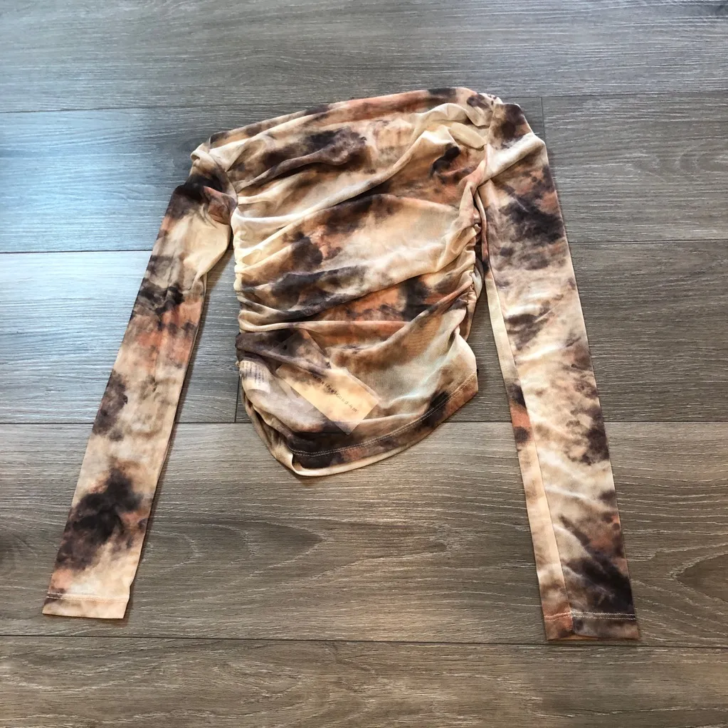 Commense Semi Sheer Tulle Mesh Top Off Shoulder Long Sleeve Crop Top Small Khaki Tan - Image 8