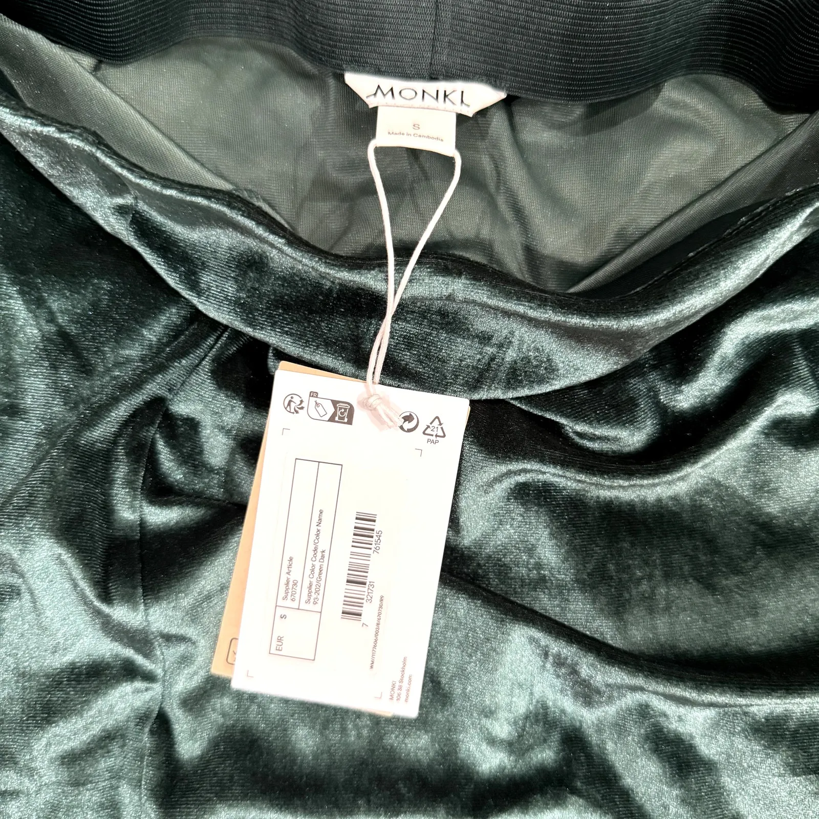 Monki Velvet Mini Skirt with Split Hem in Dark Green, Size S - Image 2