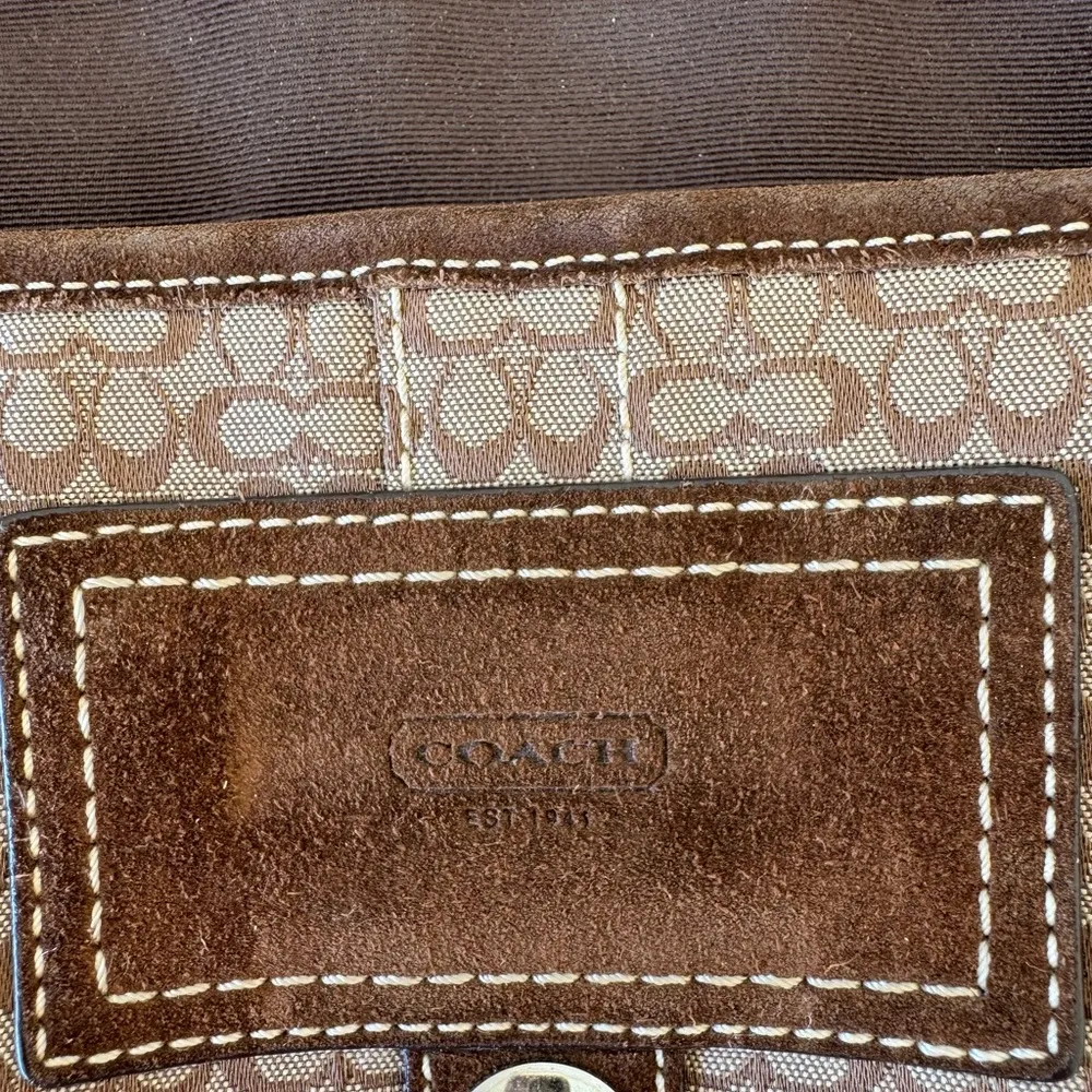 Vintage Coach Signature Logo Leather & Suede Trim Brown Canvas Shoulder Purse - Image 12