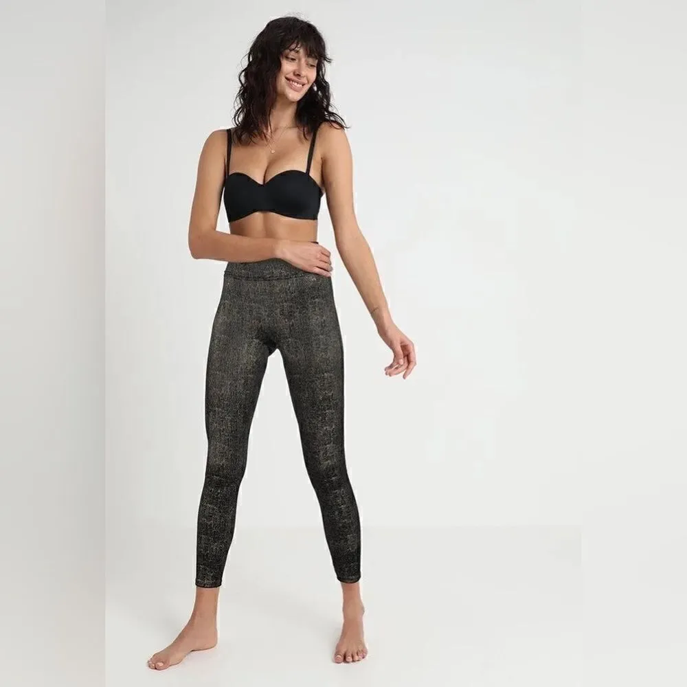 Spanx Velvet RARE Leggings Black Gold Metallic Shine High Rise Stretch 20188R - Image 3