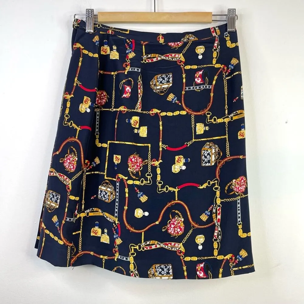 Vintage Y2K Classic Horsebit Chain Ribbon Floral Navy Blue Silk Wrap Skirt 4P 4 - Image 6