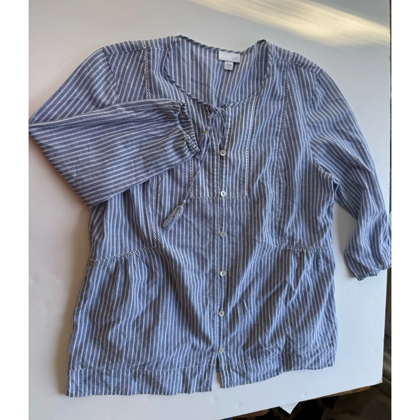 J. Jill Blouse Women’s M Blue Stripe Button Up Balloon Sleeve Top Tassel Cotton Size M - Image 7