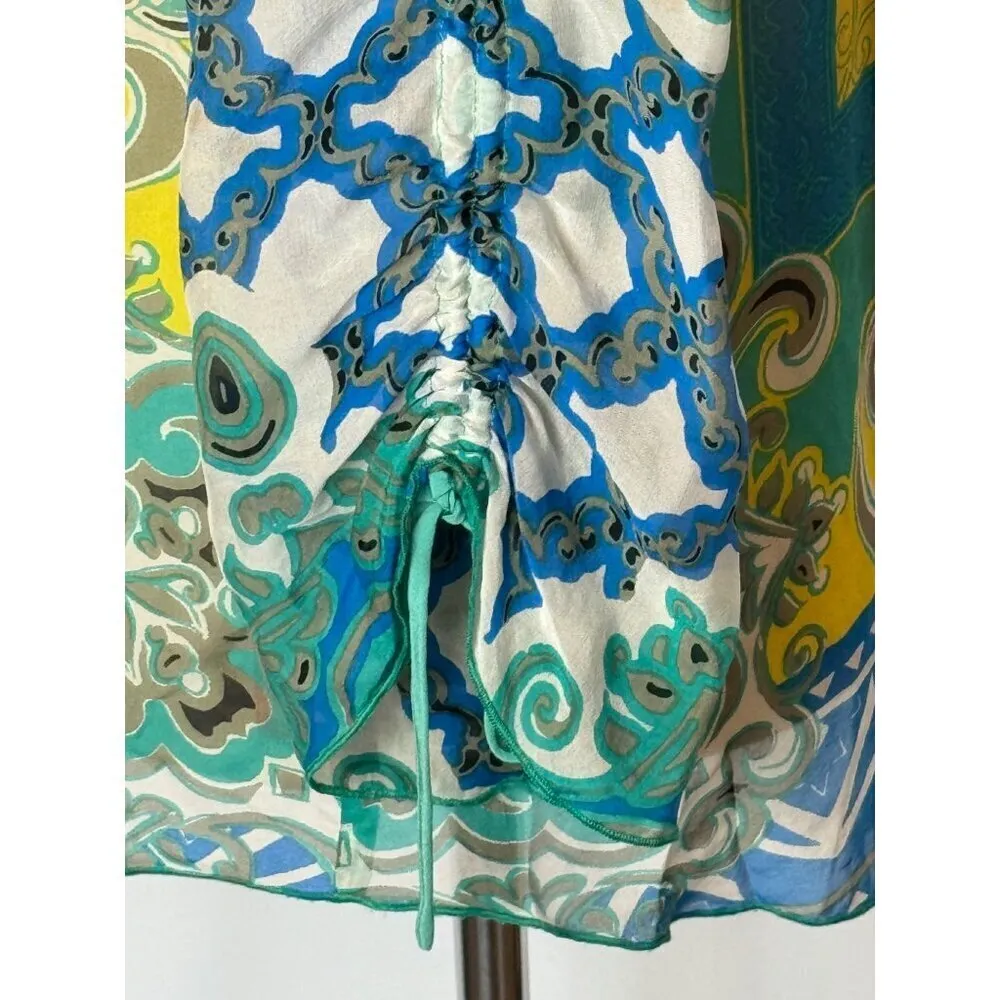 Hale Bob Shirt Women Small Green Blue Silk Beaded V‎ Neck Ruched Sleeve Blouse - Image 8