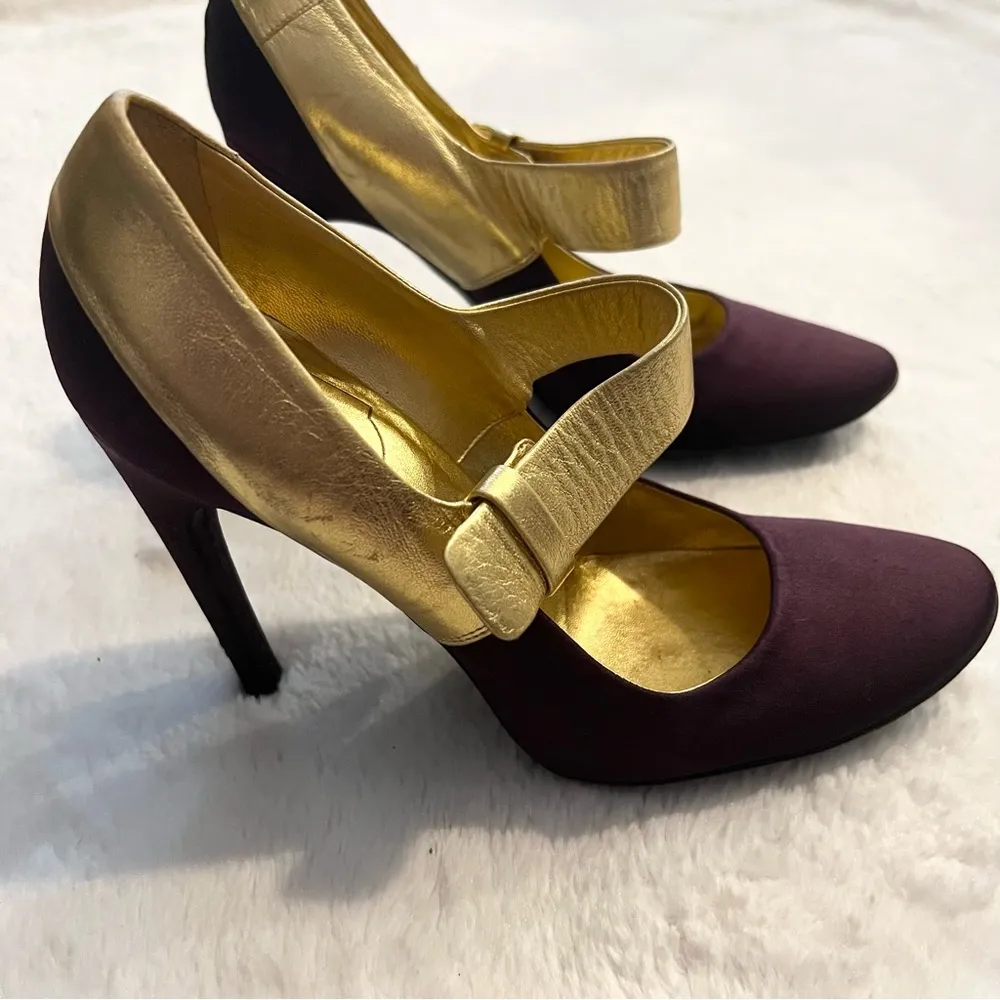 ROGER VIVIER Paris Plum Satin & Gold Leather Pumps Size 38 Purple Gold Heels - Image 3