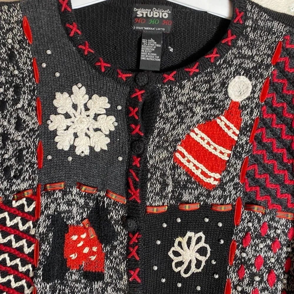 Vintage Designers Originals Studio‎ Christmas Cardigan Sweater AS IS Black Size L - Image 5