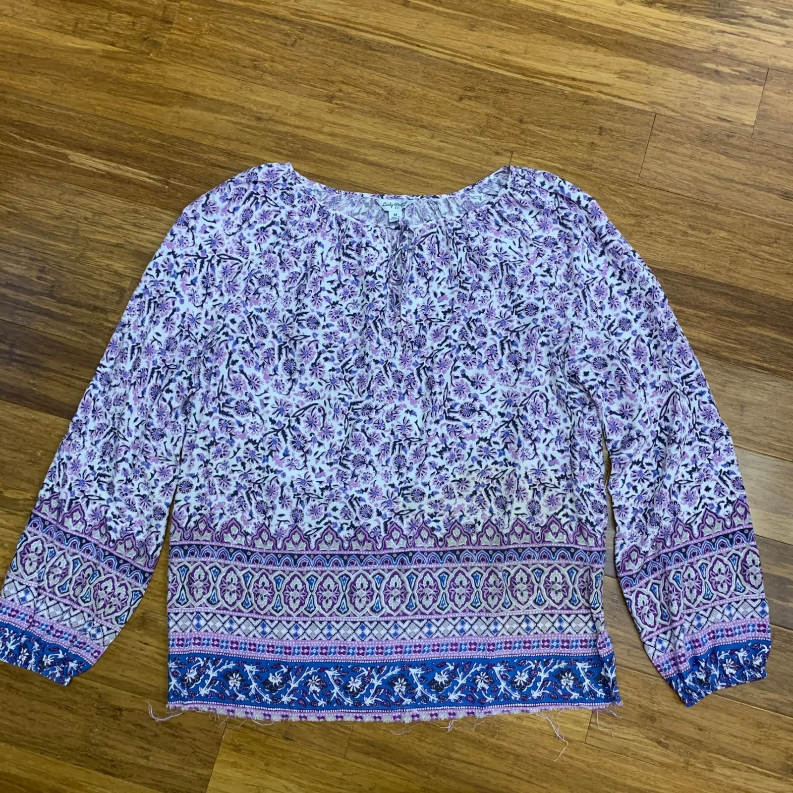 Lucky Brand Women's M Purple Floral‎ Print Long Sleeve Tie Neck Boho Blouse Top - Image 2