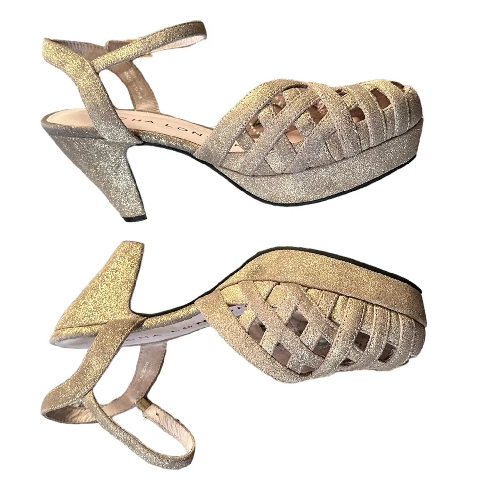 SACHA LONDON GOLDTONE METALLIC LEATHER ANKLE STRAP PLATFORM HAND MADE SHOES 7 Size undefined - Image 3