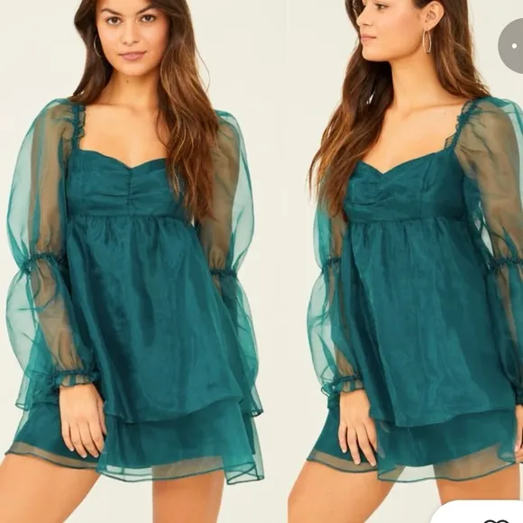 NEW Altar’d State Luretta Dress Teal Green Organza Babydoll Mini M (6/8) Party - Image 2