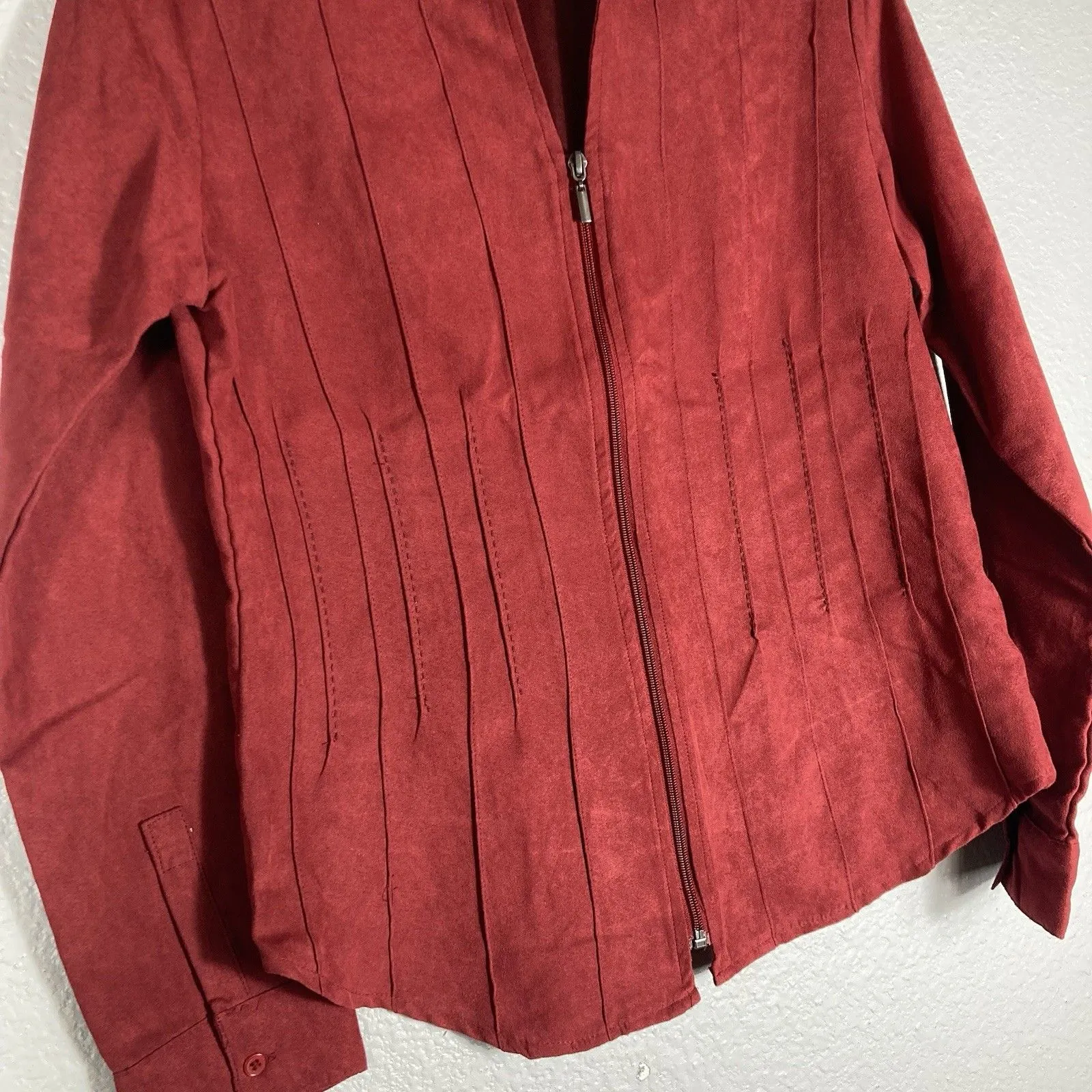 Rebecca Malone Womens Faux Suede Shirt Jacket S Zip Up Western Dark Red Ribbed - Image 5
