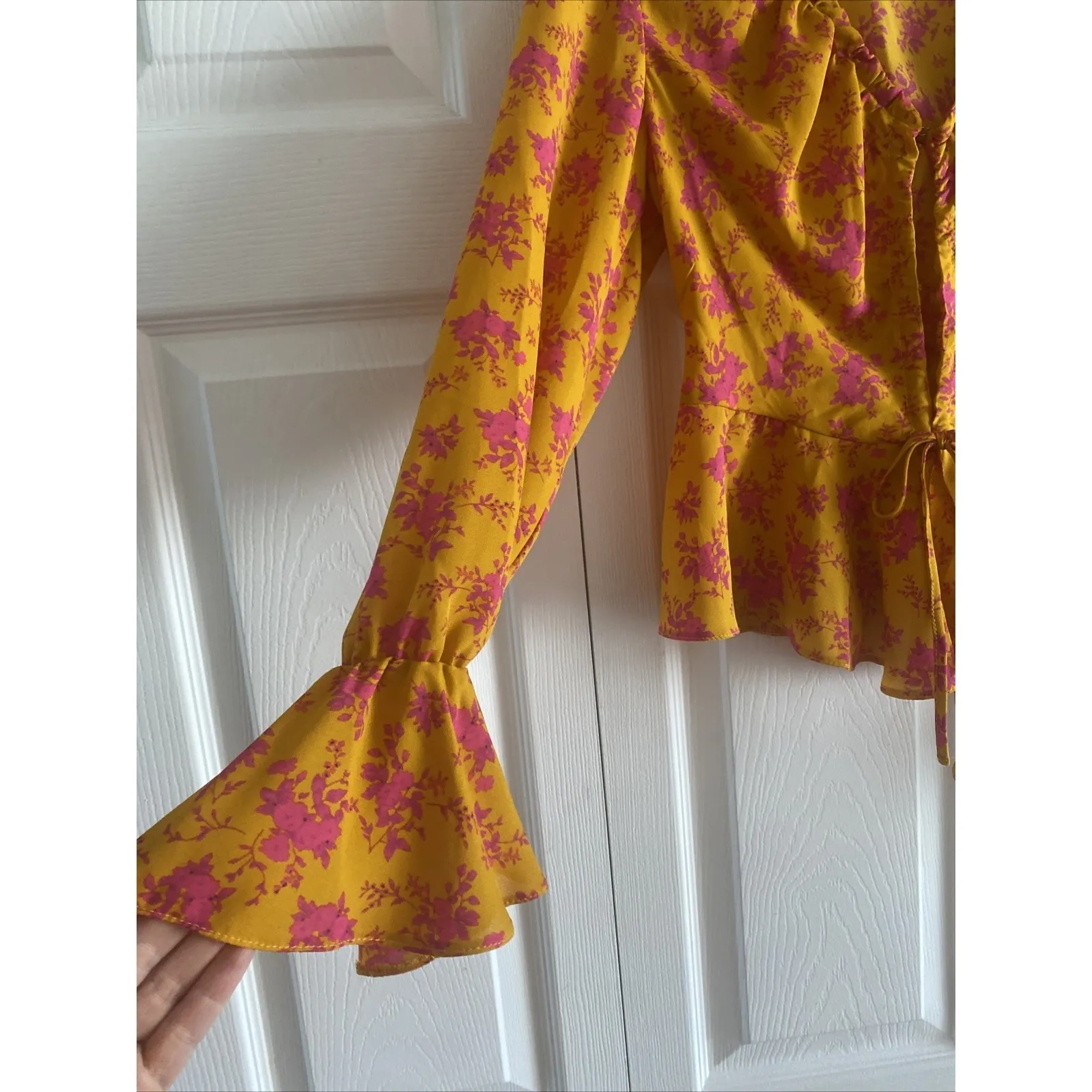 Asos Design Womens 8 Yellow Tie Front Top Pink Flowers Whimsicore Fairy - Image 2