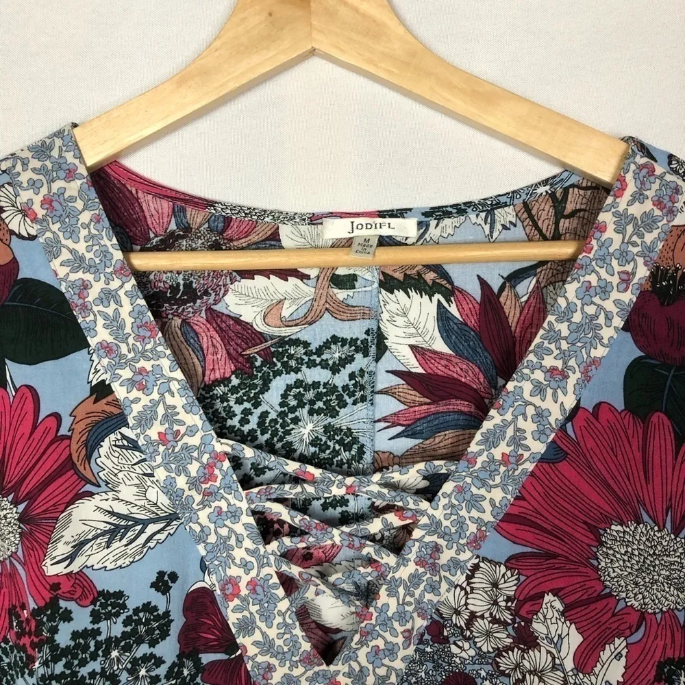 Jodifl Blue Floral Boho V-Neck Split Back Bell Sleeve Long Sleeve Top M - Image 6