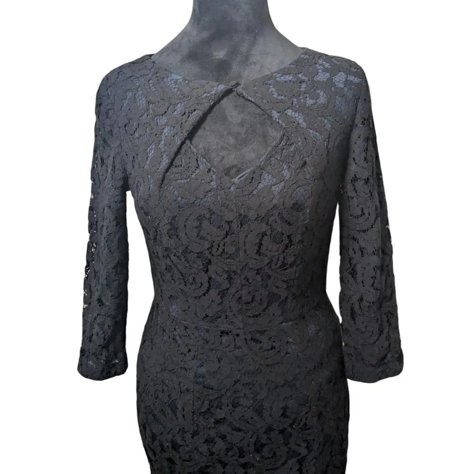 Adrianna Papell Black Lace Sheath Dress US 2 Keyhole Cocktail Formal Midi - Image 2
