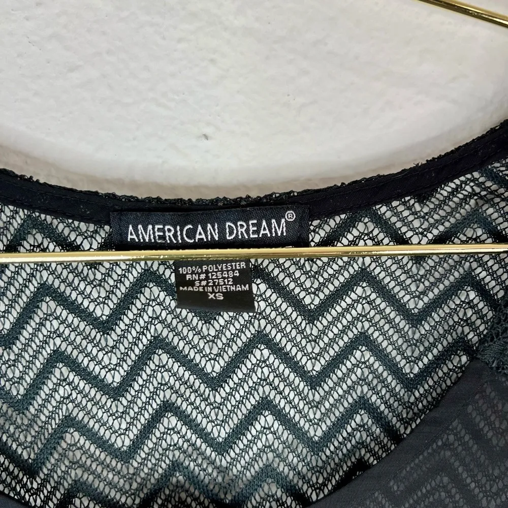 American Dream Women's XS Sheer Black 3/4 Sleeve Blouse Lace Chevron Tunic Top - Image 5