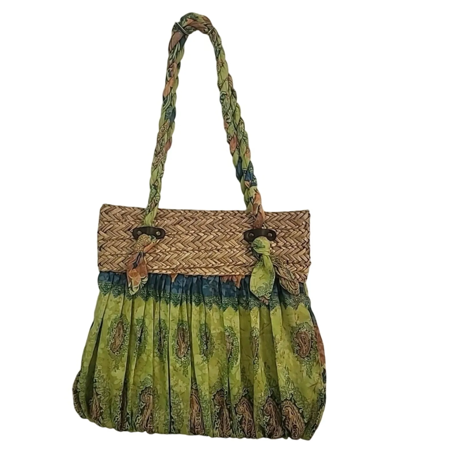MANY MOODS OF POPPIE JONES Large Straw & Fabric Shoulder Bag Purse New w/o Tag Green - Image 2