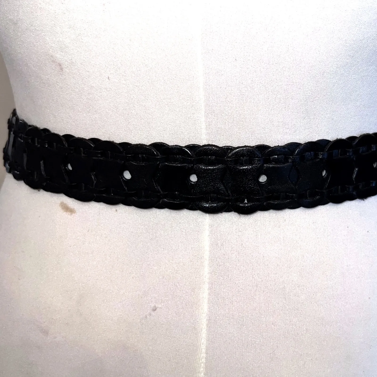 Womens Black Woven Leather Belt Statement‎ Buckle Medium Career Casual Office - Image 2