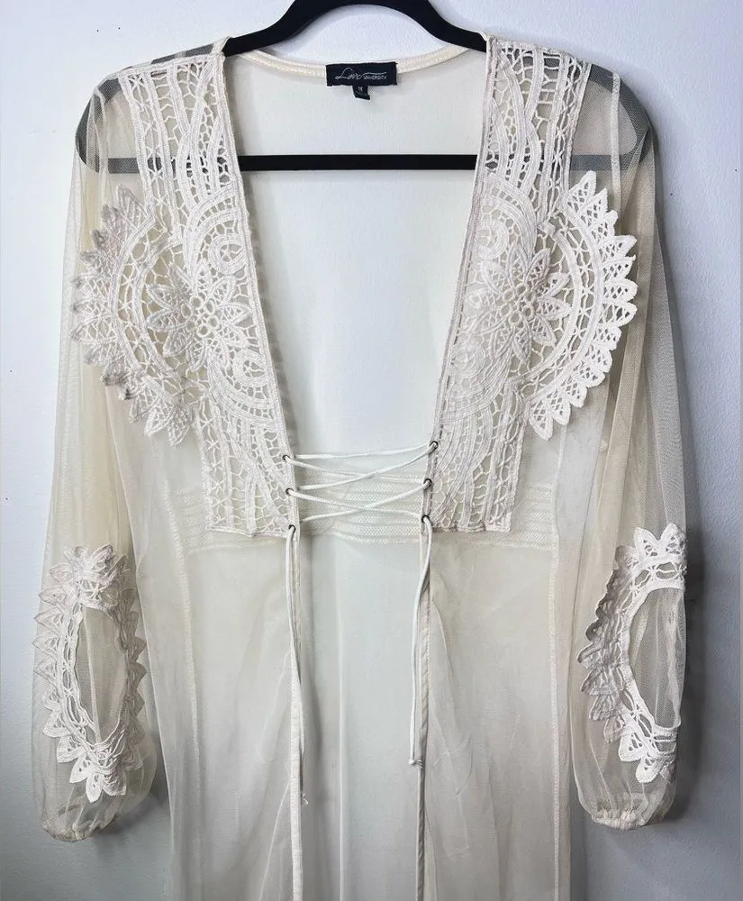 Vtge Boho Love University Cream Sheer long Cardigan long sleeve Fairy Peasant M Size M - Image 2