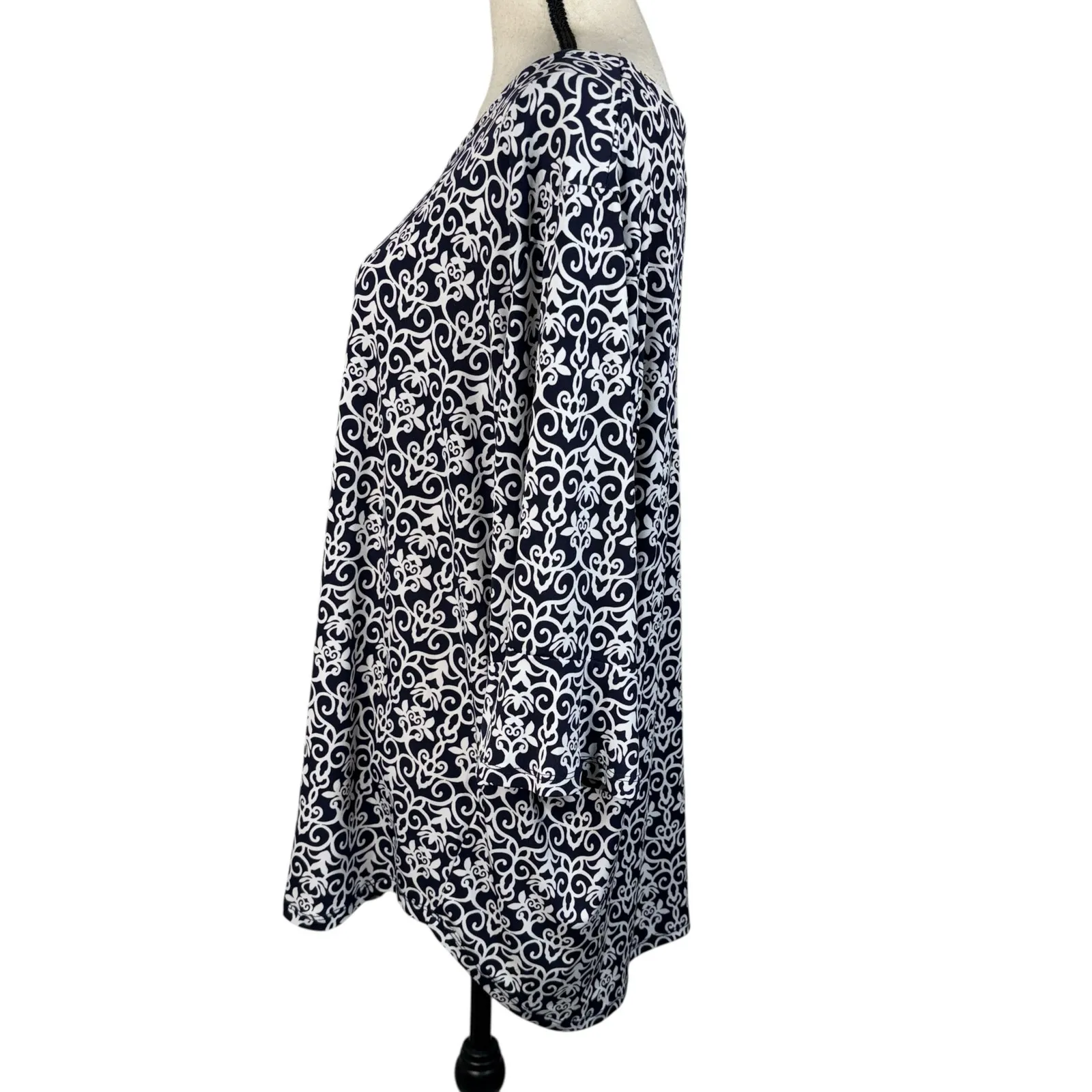 Dressbarn 3X-Large Top Geometric Stretch 3/4 Bell Sleeve Boat Neck Zip Navy Blue - Image 6