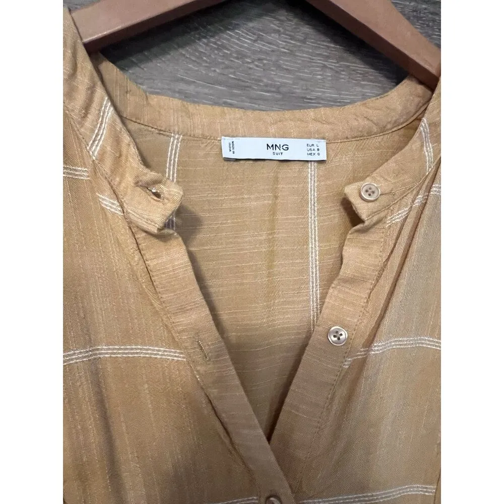 Mango Dress Flowy Sz Large Summer Crotchet Hem V Neck Mustard 3/4 Sleeves - Image 2