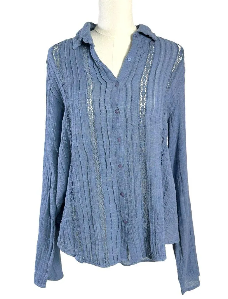 Free People FP One Mila Shirt Blue Ethereal Dainty Romantic Lace Gauze Small - Image 6