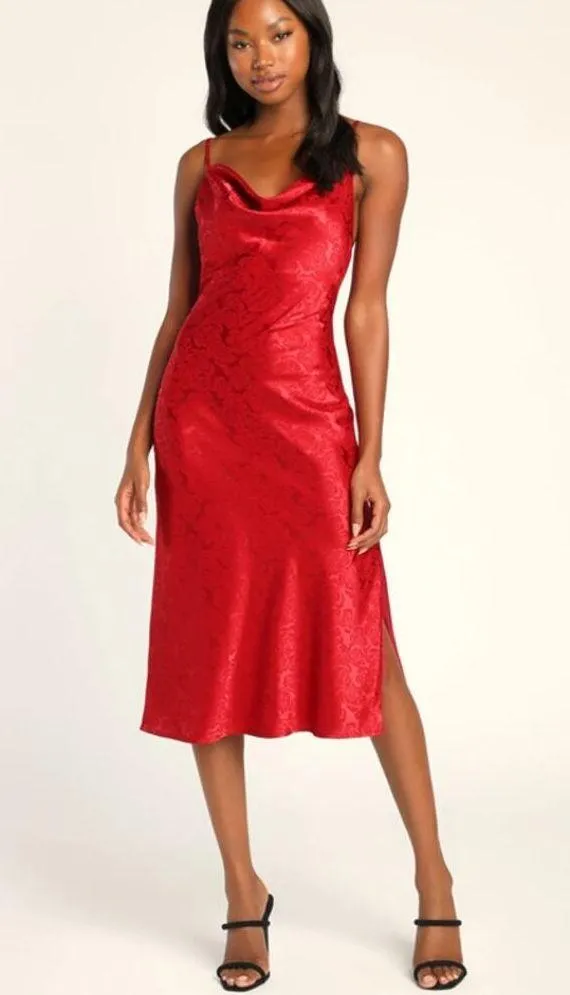 Lulus You're My Type Red Satin Jacquard Midi Slip Dress Size Small NEW - Image 3