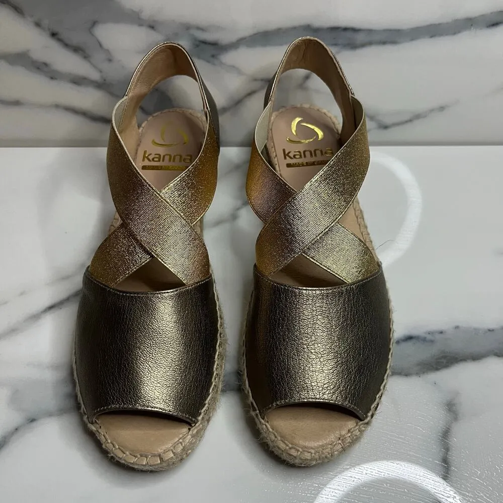 Kanna | Women's Gold Metallic Beachy Strappy Espadrille Sandal Sz 37 Sz 6.5 - Image 2