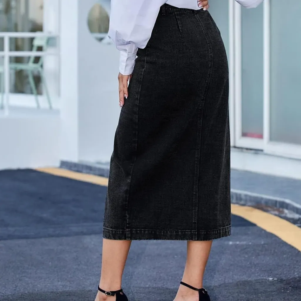 NWOT Button Front Split Denim Midi Skirt – High Waist Slim Fit Pencil Skirt (XL) Black - Image 6