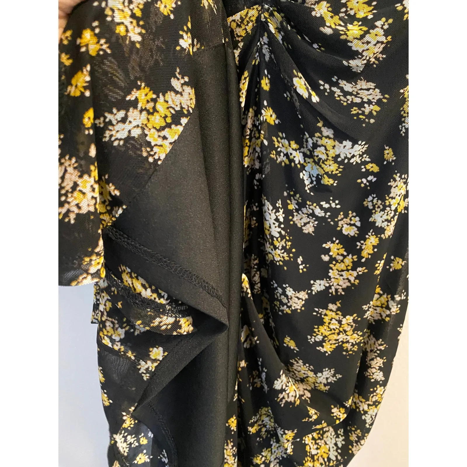 AFRM Tezza Black & Yellow Floral Ruched Mesh Midi Long Sleeves Dress Womens XS - Image 7
