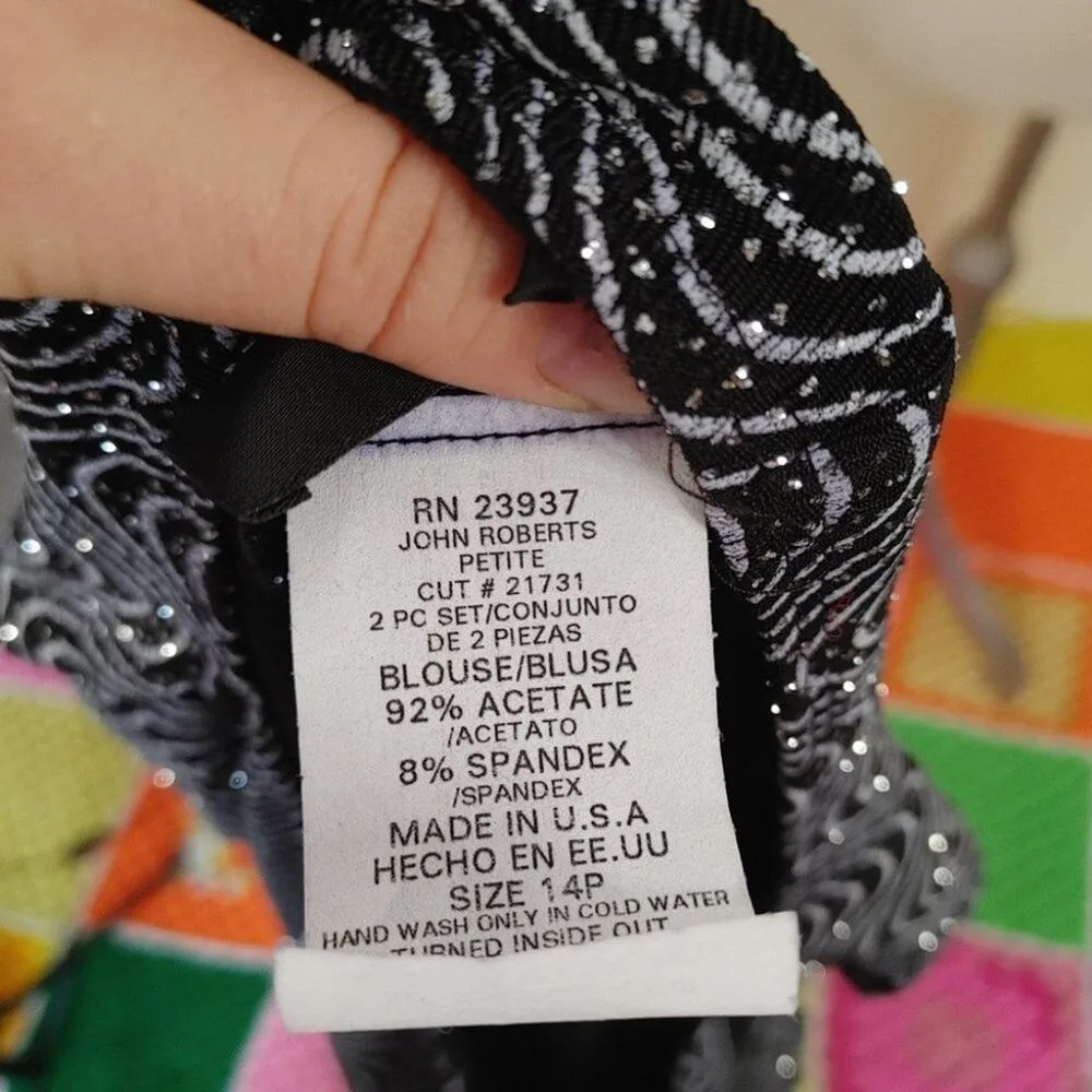 John Roberts Petite 14P Sparkly Shiny Black Silver Top 3/4 Sleeve Vintage Fancy - Image 5