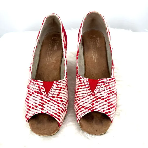 Toms size 6.5 red white wedge heels peep toe slide on‎ - Image 2