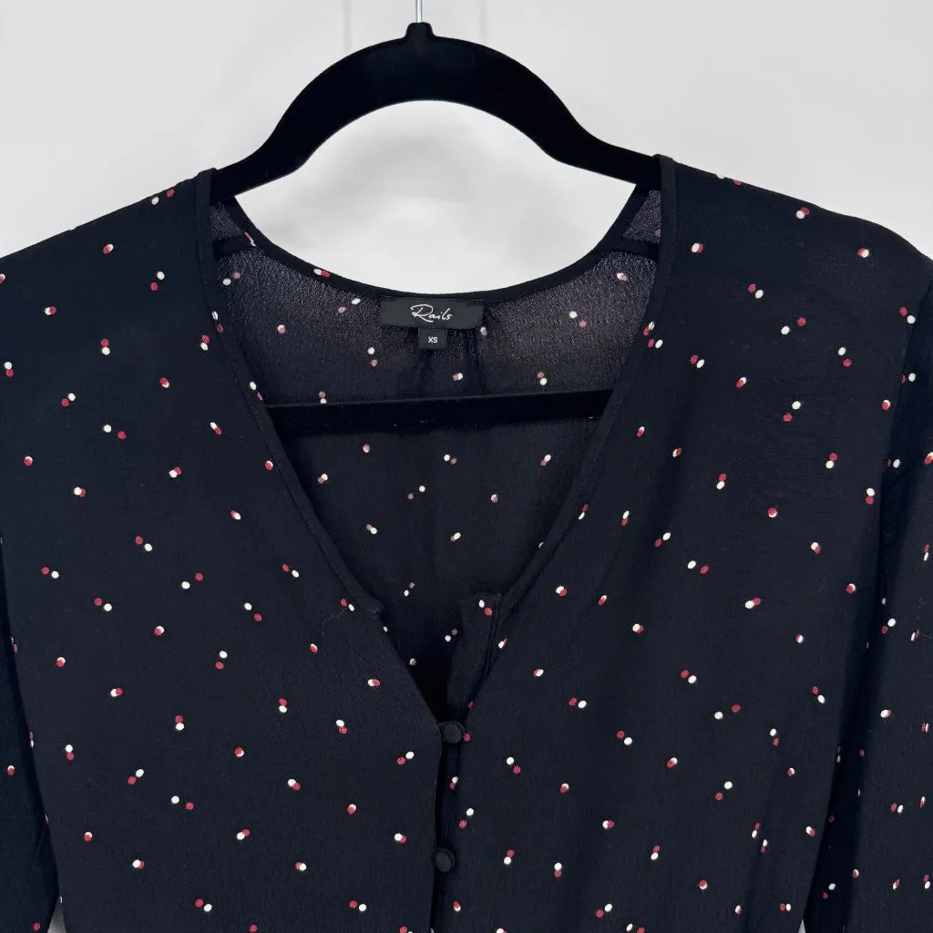 Rails Beaux Black Off Set‎ Dot Top Womens XS Black Rayon Button Tie Closure - Image 2