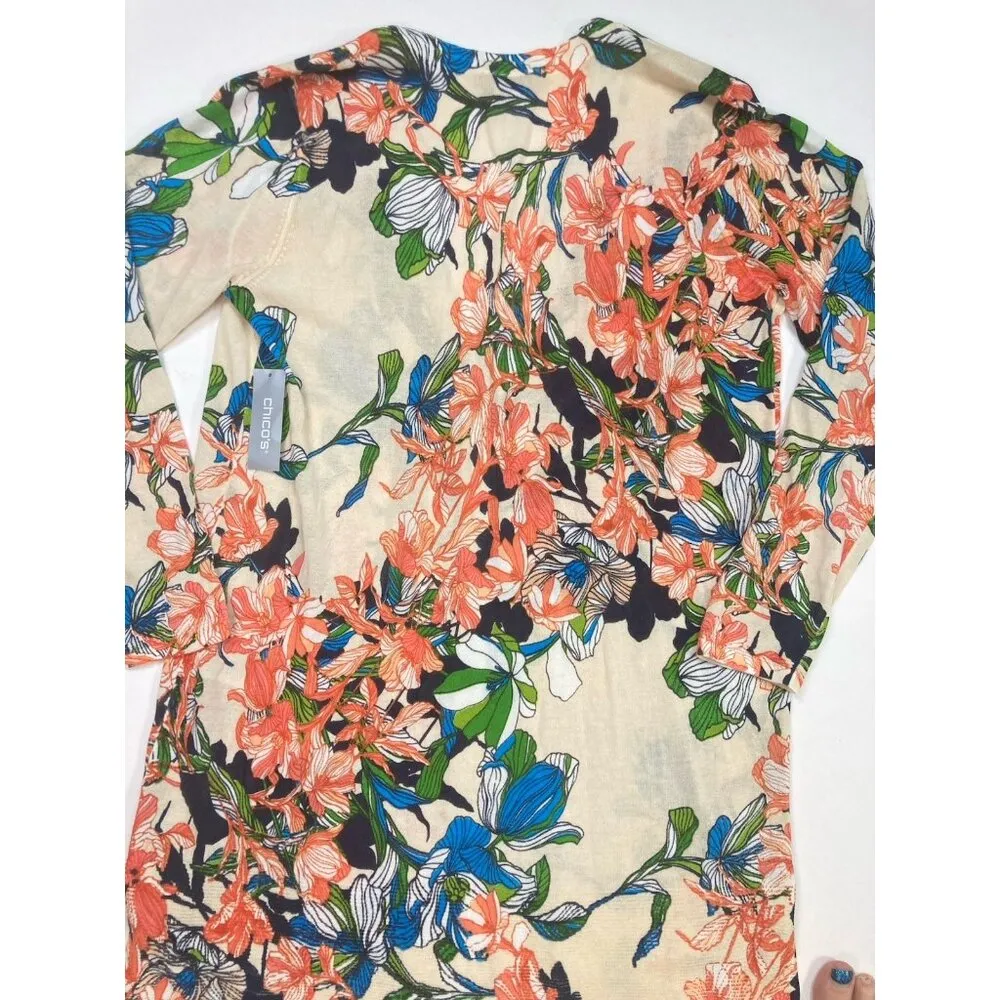 New Chicos Cardigan Sweater Womens 1 Med Tropical Floral Resorwear Beach Coastal - Image 6