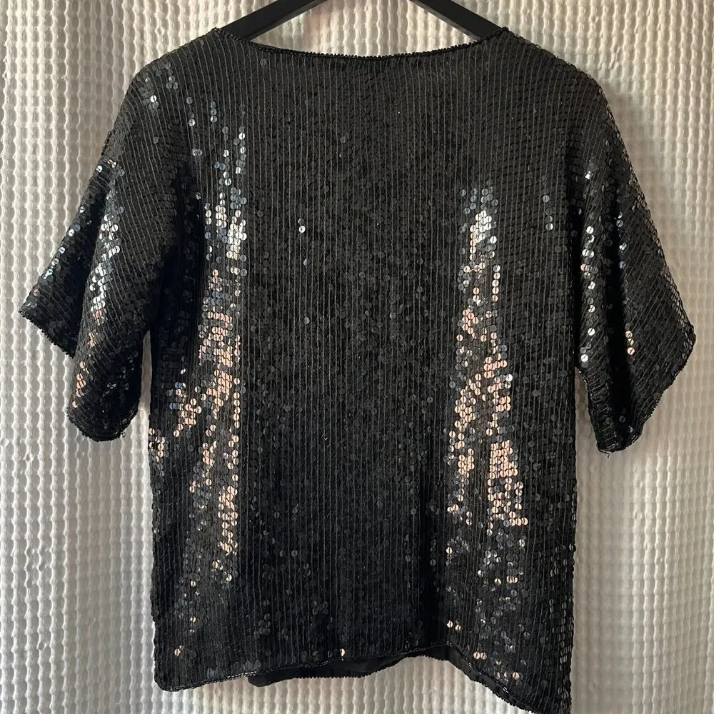 Vintage Jean for Joseph Le Bon black and gold silk sequined top, size S/M - Image 3