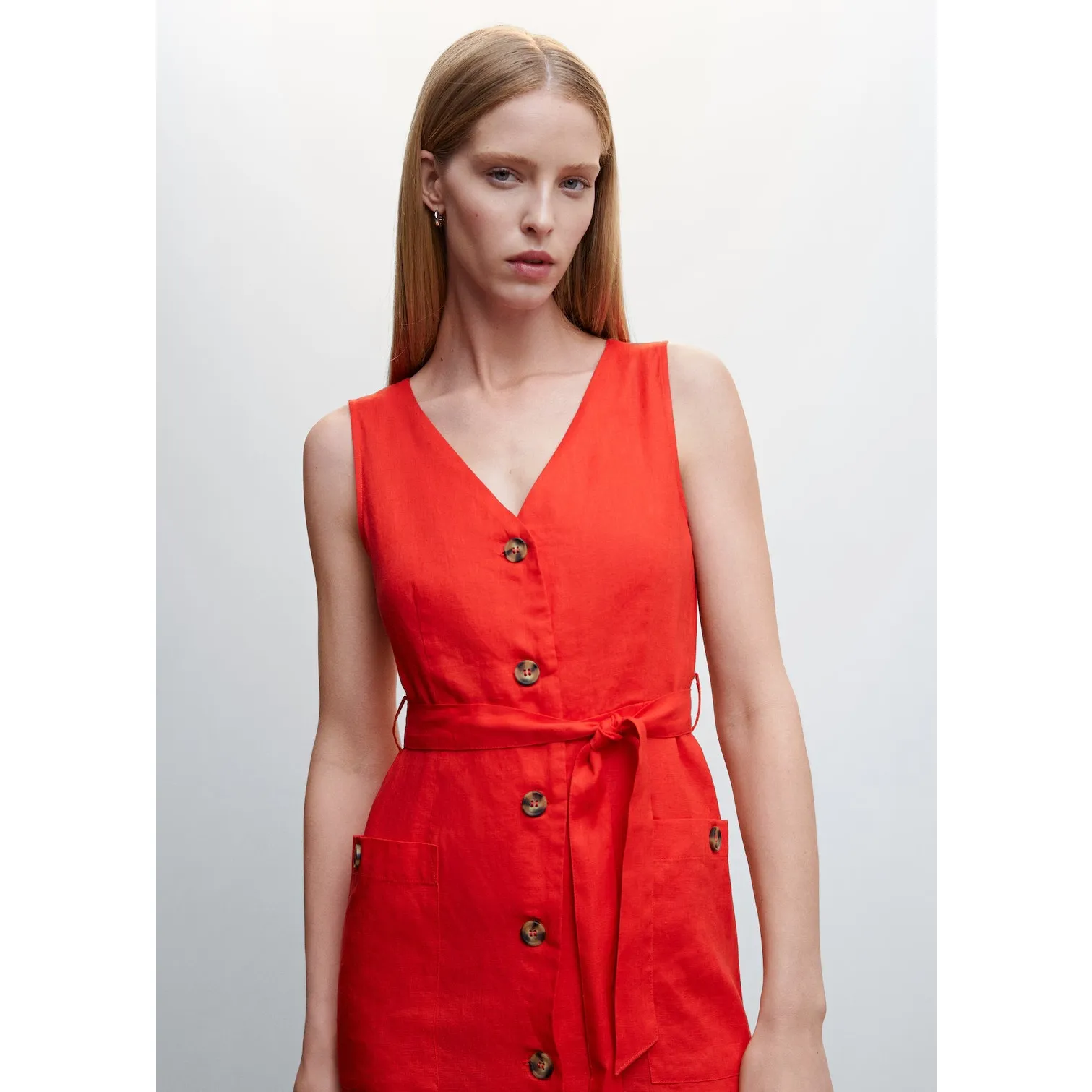 Mango 100% Linen Shirtie Dress in Red Size 2 Button Down‎ Front Belted - Image 15
