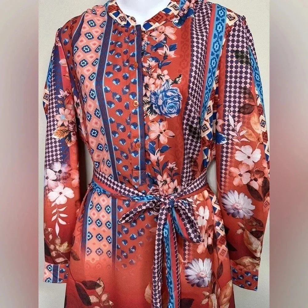 Tolani Collection Long-Sleeve Tunic Blouse with Tie Rust Bohemian Floral Size XS - Image 5