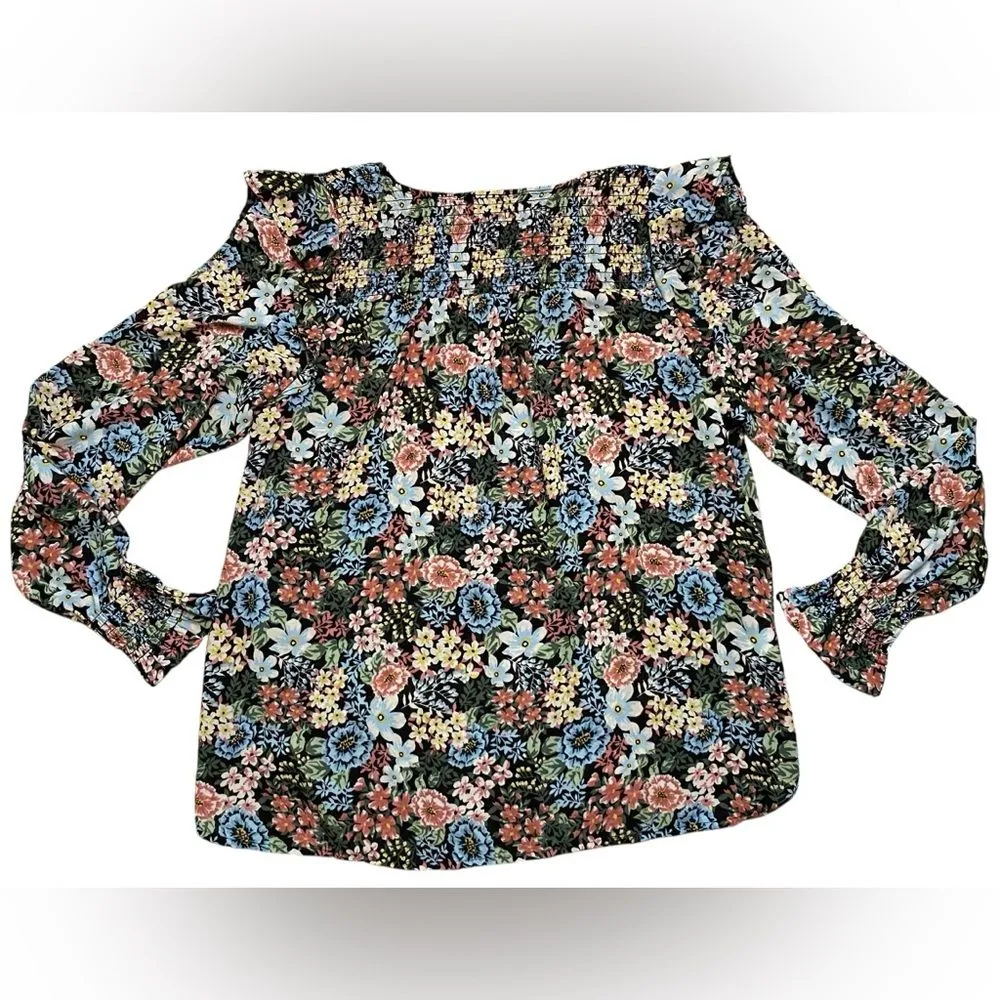 LOFT Floral V-Neck Flutter Shoulder Long Sleeve Blouse - Image 6