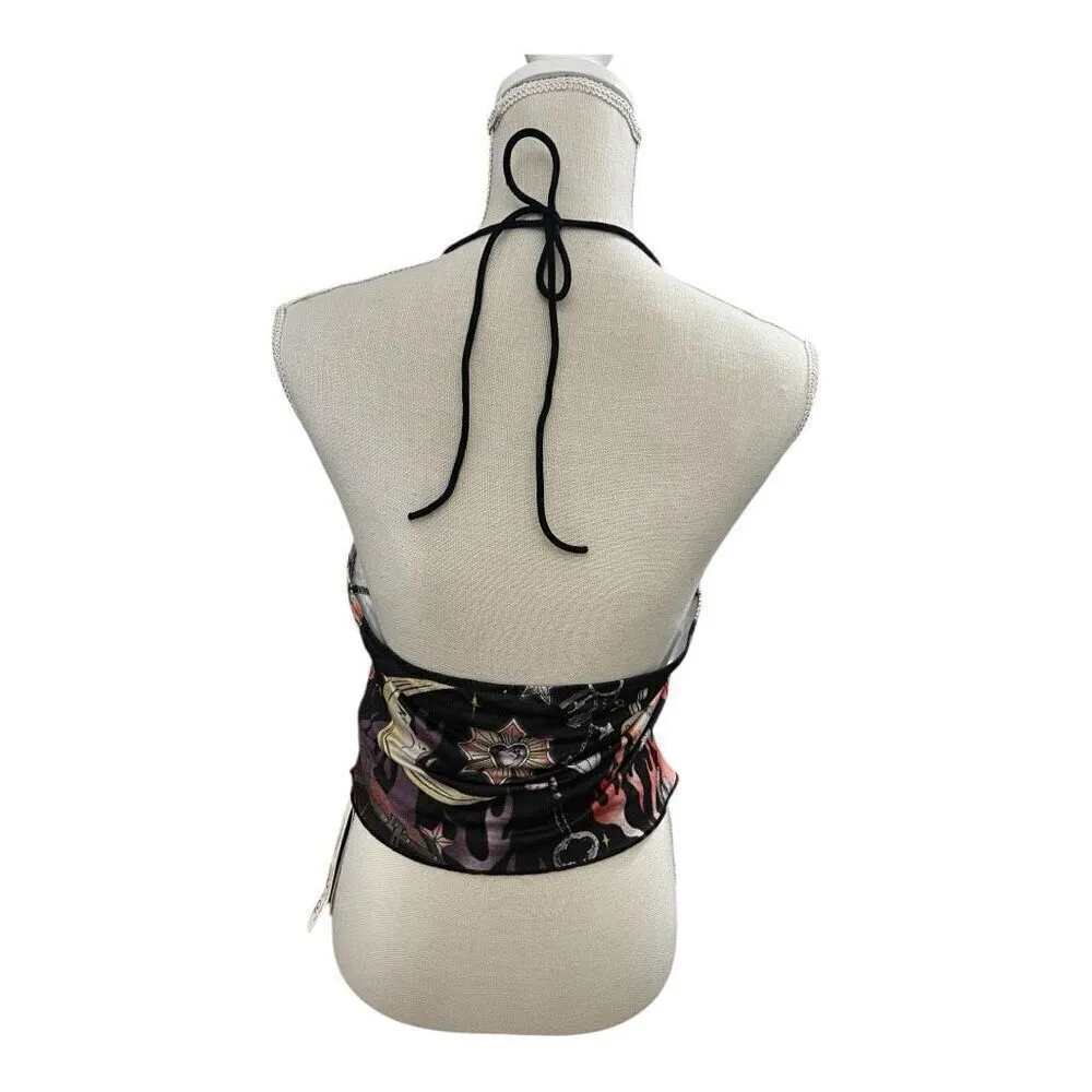 Romwe Black Multicolor Moon Floral Print Halter Top Size L Lace Up Open Back - Image 3