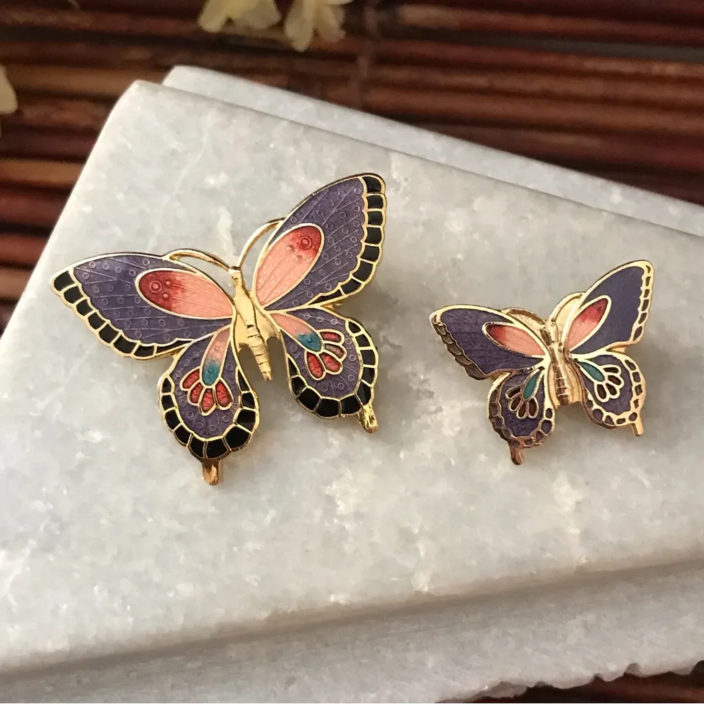 Butterflies Two Gold Tone with Colorful Enamel Brooch Pin - Image 2