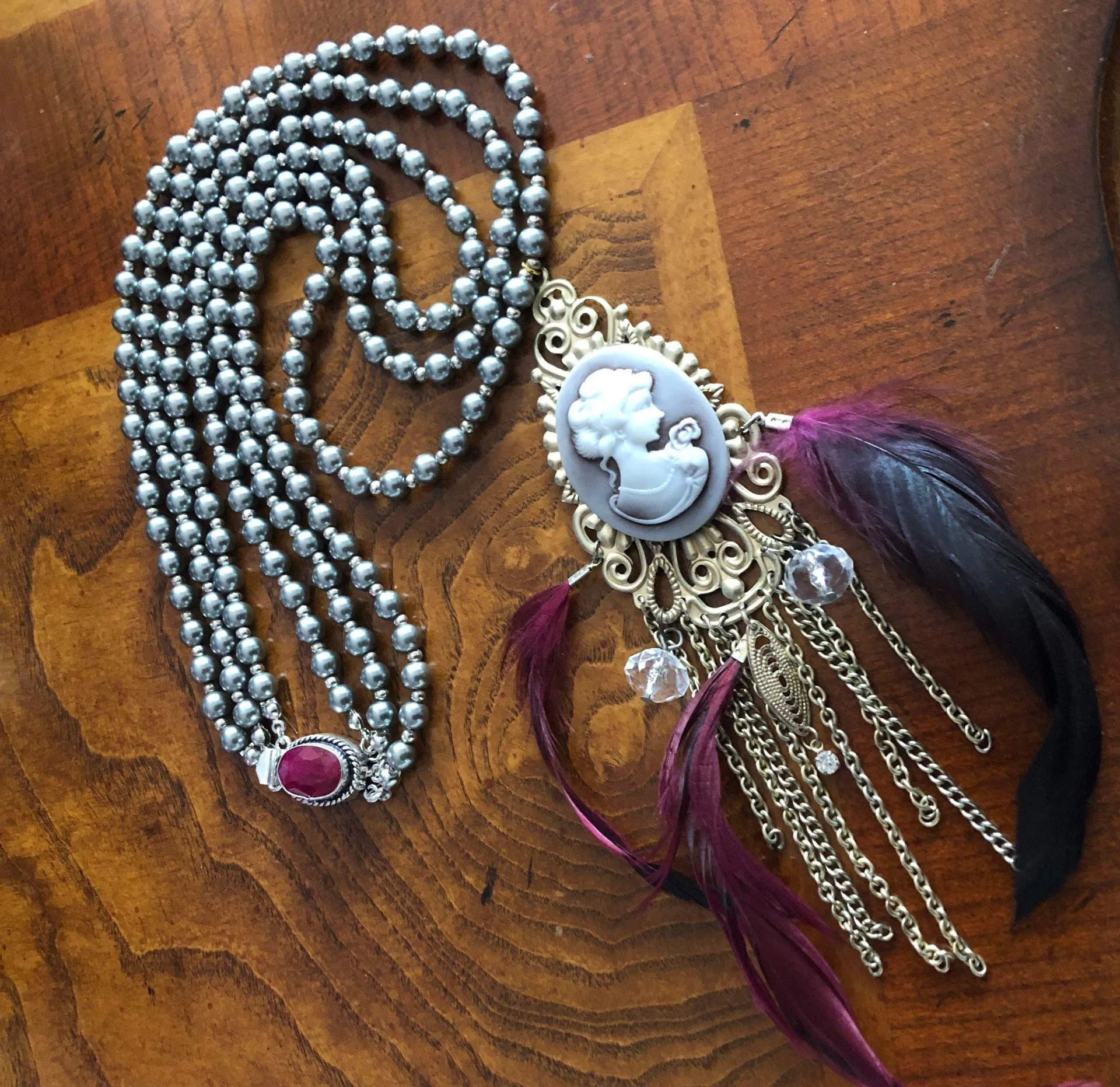 Handcrafted filigree cameo gray Czech Pearl genuine ruby gemstone clasp necklace - Image 7