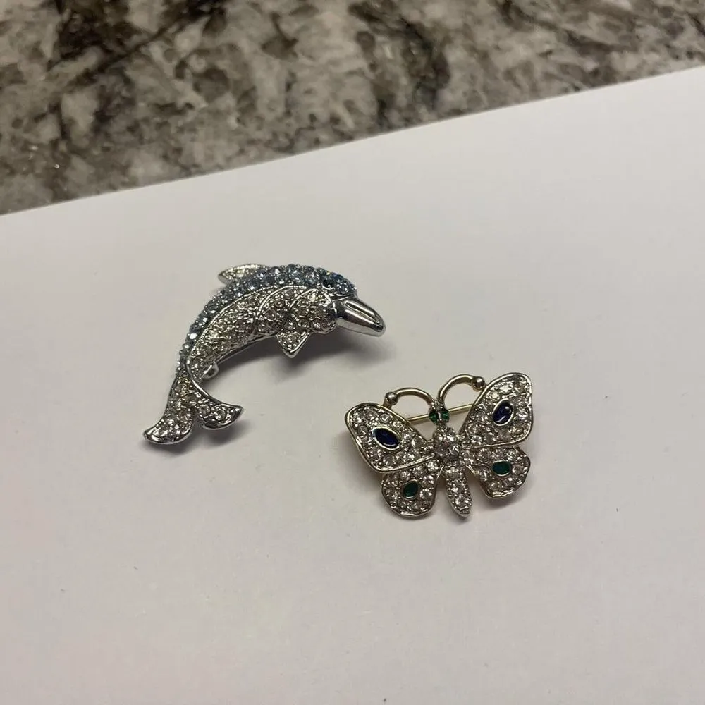 Lot Of 2 Costume Jewelry Brooch Pins Rhinestone Butterfly Insect / Dolphin - Image 2